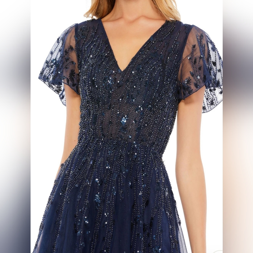 Mac Duggal 20304 Size 12 Embellished Flutter Sleeve Tea Length Dress NWT